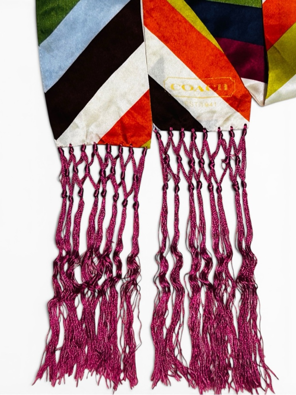 COACH Legacy Stripe Knotted Tassel Fringe Silk Scarf - Picture 2 of 8